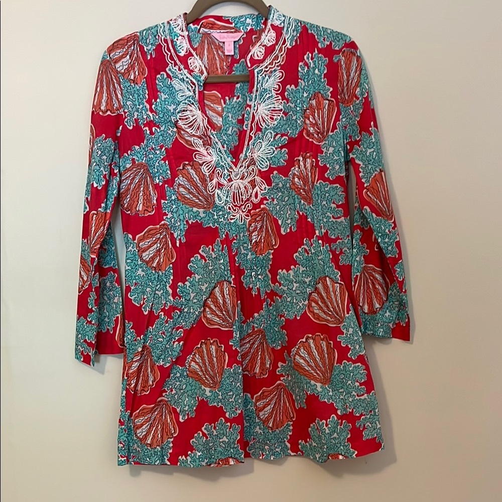 Lilly Pulitzer Red Embellished Tunic with 3/4 Sleeves